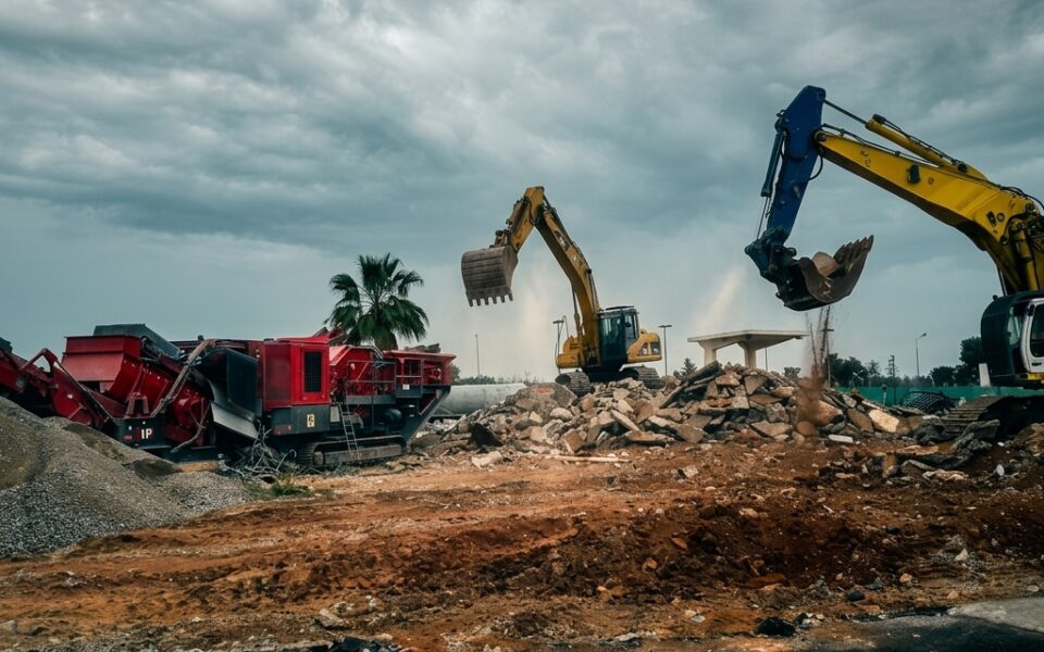 Heavy-duty industrial demolition in Dhekelia showing CAT excavator dismantling large steel warehouse framework.